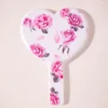 Portable heart-shaped handheld makeup mirror featuring romantic pink rose floral prints - Pink Rose Bud Style (Heart Mirror) / 13*18cm / Pink