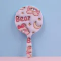 Cute pink handheld makeup mirror with 3D cartoon bear design for travel - Bear and Moon