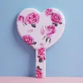 Heart-shaped handheld makeup mirror with elegant pink rose floral print design SKU 01 - 12.5cm*18cm / Blooming Flower