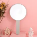 Elegante grote ronde handheld make-upspiegel met grijs handvat op roze achtergrond - Lichtgroen