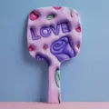 Handheld portable makeup mirror with 3D purple rose and Love embossed design for girls - Purple Flower LOVE / 13cm*23cm