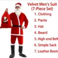 Detailed view of 7-piece velvet Santa Claus costume set including beard and accessories - Gold Velvet Men 7-piece Outfit (O2-54) / Includes Backpack and Boots