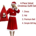 Four-piece velvet Christmas costume set featuring a red dress, hat, belt, and Santa sack. - Gold Velvet Women 4-piece Outfit (O2-51) / With Backpack / Red