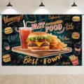 Fast food theme photography backdrop with burger and fries for party decor - SBJ-001 / 95x75cm