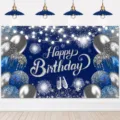 Blue and silver Happy Birthday backdrop with balloons and fireworks for party photography - SBJ-001 / 95x75cm