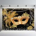 Golden masquerade mask party backdrop for carnival and ballroom event decorations - Carnival Mask (SBJ-002) / 95x75cm