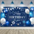 Blue and silver Happy Birthday photography backdrop with balloons and stars for party decor - SBJ-002 / 95x75cm
