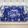 Blue and silver birthday photography backdrop with balloons champagne and gifts - SBJ-003 / 95x75cm