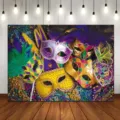 Vibrant Mardi Gras masquerade masks and beads photography party background for decoration - Carnival Mask (SBJ-004) / 95x75cm