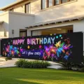 Buntes Happy Birthday Banner Let's glow crazy für die Dekoration von Gartenpartys im Freien. - SHF-004 / 50x300cm Ösen Seil Packung