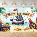 Toile de fond photographie thème pirate pour fête d'anniversaire avec bateau et trésor - SBJ-001 / 95x75cm