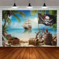 Toile de fond photographie thème pirate et trésor pour décoration de fête d'anniversaire - SBJ-002 / 95x75cm