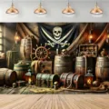 Fond de photographie thème pirate avec coffres au trésor crânes et drapeau décoratif - SBJ-003 / 95x75cm