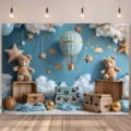 Travel theme photography backdrop featuring teddy bears and a hot air balloon design - 95x75cm
