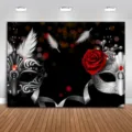 Masquerade party backdrop featuring masks, red rose, and feathers for carnival decor - Carnival Mask (SBJ-005) / 95x75cm