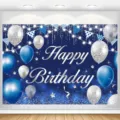 Blue and silver birthday photography backdrop with balloons and glitter details - SBJ-005