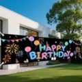 Large black Happy Birthday banner with colorful fireworks and balloons for garden party - SHF-0013 / Rainbow Colorful Birthday Style / 30x120cm (Punched with Rope)