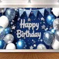 Navy blue Happy Birthday photography backdrop decorated with balloons and silver stars - SBJ-006