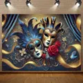 Luxurious masquerade party backdrop featuring venetian masks with feathers and red roses - Carnival Mask (SBJ-008) / 95x75cm