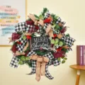 Rustic Christmas wreath with buffalo plaid bows and Merry Christmas sign hanging on door - Black Sign Style / 25cm Size