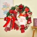 Festive Christmas door wreath featuring Santa Claus face and decorative red plaid ribbons - Santa Claus Style / 25cm Size