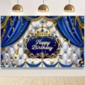 Sfondo fotografico di compleanno lusso blu e oro con corona e coriandoli dorati - SBJ-001 / 95x75cm