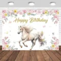 Pastoral floral white horse photography backdrop for kids birthday party decoration - SBJ-001 / 95x75cm