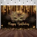 Eleganter Maskenball-Hintergrund mit Goldmaske und Happy Birthday-Schrift - Schwarz Gold Maskenball Maske Stil (SBJ-003) / 95x75cm