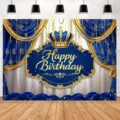 Sfondo fotografico per compleanno blu e oro con corona reale - SBJ-002 / 95x75cm