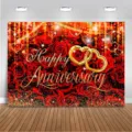 Toile de fond anniversaire roses rouges et cœurs dorés pour décor de fête romantique - Thème Roses Rouges et Cœurs Dorés (SBJ-003) / 150x90cm