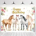 Floral horse photography backdrop for birthday party with stallion and gold glitter - SBJ-002 / 95x75cm