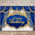 Sfondo compleanno lusso blu e oro con corona reale per la fotografia - SBJ-003 / 95x75cm / Blu, oro e bianco