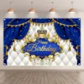 Sfondo di compleanno lussuoso blu e oro con corona dorata e design a tenda di velluto - Sfondo Compleanno Corona Blu Oro Lusso (SBJ-004) / 95x75cm