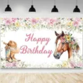 Floral horse birthday photography backdrop featuring cowboy boots and hat design for party - SBJ-003 / 95x75cm