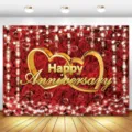Fond de photographie d'anniversaire avec roses rouges cœurs dorés et guirlandes - Thème Roses Rouges Cœur Guirlande Lumineuse (SBJ-004) / 150x90cm