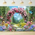 Fairy tale forest photography backdrop featuring flower arch and butterflies for parties. - 95x75cm / Rose Arch Magic Forest (SBJ-003) / Colorful