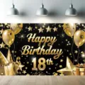 Professioneller schwarz-goldener Hintergrund zum 18. Geburtstag mit Ballons und Sternen - Stil SBJ-002 / 95x75cm