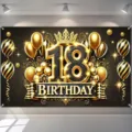 Eleganter schwarz-goldener Hintergrund zum 18. Geburtstag mit Krone und Ballons - Stil SBJ-003 / 95x75cm