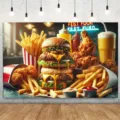 Vibrant fast food themed photography backdrop featuring burgers and fries for party decor - SBJ-004 / 95x75cm