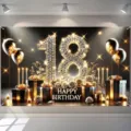 Luxuriöser Fotohintergrund zum 18. Geburtstag mit goldenen Ballons und Diamant-Zahl 18 - Stil SBJ-004 / 95x75cm