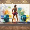 Lebendiger farbenfroher Graffiti-Stil Gewichtheben Fitness Fotografie Hintergrundstoff - Frauen Gewichtheben-Stil (SBJ-003) / 95x75cm