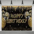 Leopard print birthday photography backdrop with gold glitter and Happy Birthday text - Black Gold Leopard(SBJ-004) / 95x75cm