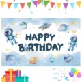 Space astronaut theme birthday party photography backdrop with cartoon planets and stars - Cartoon Astronaut Birthday Style (SBJ-001) / 95x75cm