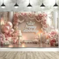 Pink rose floral arch birthday photography backdrop with balloons and Happy Birthday sign - Rose Floral Arch Party Backdrop (SBJ-002) / 95x75cm