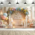 Floral arch birthday photography backdrop with pink blue roses and decorative balloons - 95x75cm