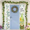 Decorative Hello Spring porch banners featuring a cute gnome and fresh green floral motifs - Hello Spring Gnome Style (SDL-001) / 30x180cm