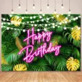 Tropical palm leaf birthday party photography backdrop with pink neon Happy Birthday sign - Tropical Rainforest Theme (SBJ-001) / 95x75cm