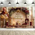 Luxury birthday backdrop with red rose arch and golden 'Happy Birthday' sign - Rose Floral Arch Birthday Backdrop (SBJ-004) / 95x75cm