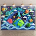 Space theme cartoon photography backdrop with 3D paper-cut rocket and planets for party. - 3D Paper-Cut Style Rocket Style (SBJ-003) / 95x75cm