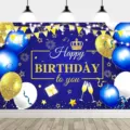 Luxurious blue and gold birthday party photography backdrop with festive balloons - SBJ-001 / 95x75cm
